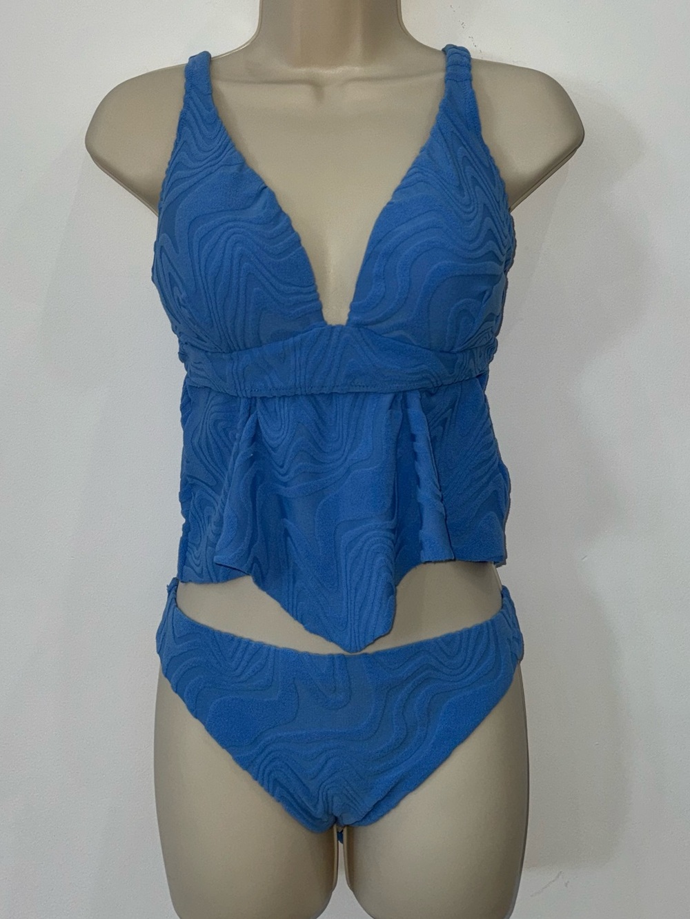 Bar III Blue Textured Tankini Top and Bikini Bottom